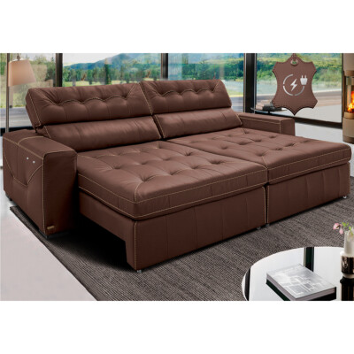 Sofá de Couro Elétrico Retrátil 2,95m Cama inBox Gran Vitaly SoftGel D40 Caramelo