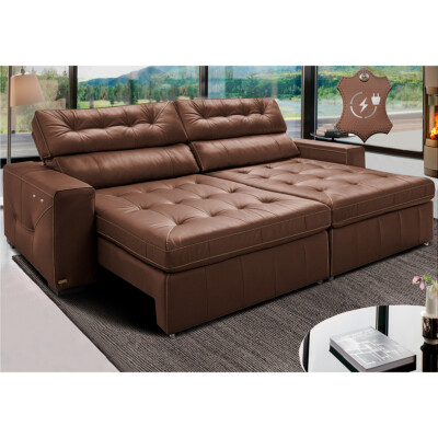 Sofá de Couro Elétrico Retrátil 2,75m Cama inBox Gran Vitaly SoftGel D40 Caramelo