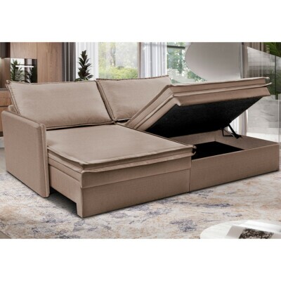 Sofá Sem Caixa Retrátil Baú 1,75m Lounge Linho Bege Escuro Cama inBox