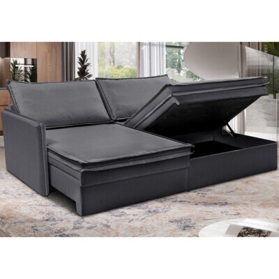 Sofá Sem Caixa Retrátil Baú 1,55m Lounge Linho Cinza Escuro Cama inBox