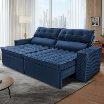 Sofá Retrátil e Reclinável 2,30m Cama inBox Charm Velusoft Azul