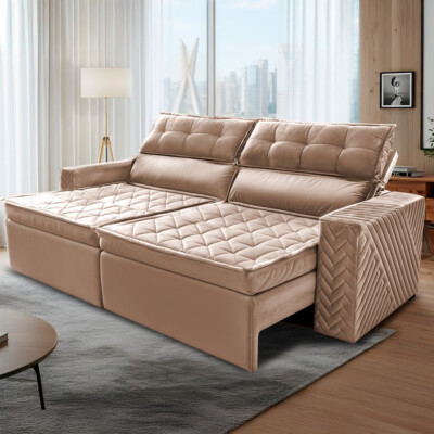 Sofá Retrátil e Reclinável 2,00m Cama inBox Charm Velusoft Bege