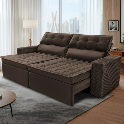 Sofá Retrátil e Reclinável 2,30m Cama inBox Charm Velusoft Café