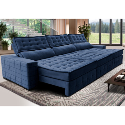 Sofá Retrátil e Reclinável 3,85m Cama inBox Big Puffer com SoftGel D40 Velupluma Azul