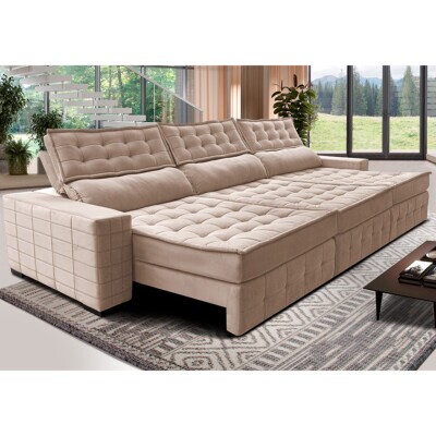 Sofá Retrátil e Reclinável 3,85m Cama inBox Big Puffer com SoftGel D40 Velupluma Bege