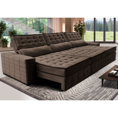 Sofá Retrátil e Reclinável 3,85m Cama inBox Big Puffer com SoftGel D40 Velupluma Café