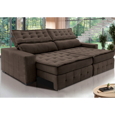 Sofá Retrátil e Reclinável 2,55m Cama inBox Big Puffer com SoftGel D40 Velupluma Café