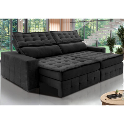 Sofá Retrátil e Reclinável 2,75m Cama inBox Big Puffer com SoftGel D40 Velupluma Preto