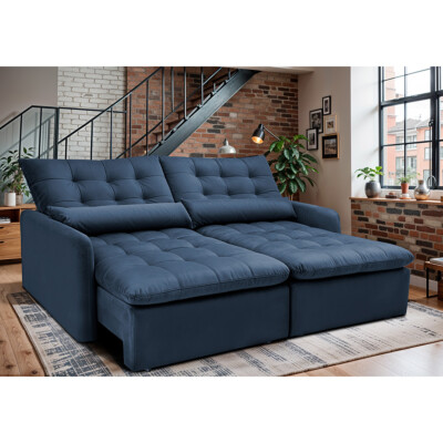 Sofá Sem Caixa Retrátil 2,00m SoftGel Celeste Velusoft Azul Cama inBox
