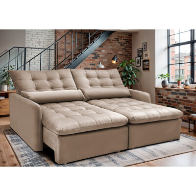 Sofá Sem Caixa Retrátil 2,00m SoftGel Celeste Velusoft Bege Cama inBox