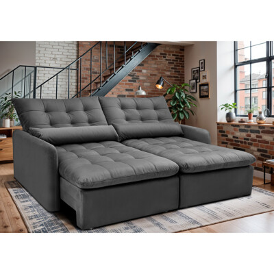 Sofá Sem Caixa Retrátil 2,00m SoftGel Celeste Velusoft Cinza Cama inBox