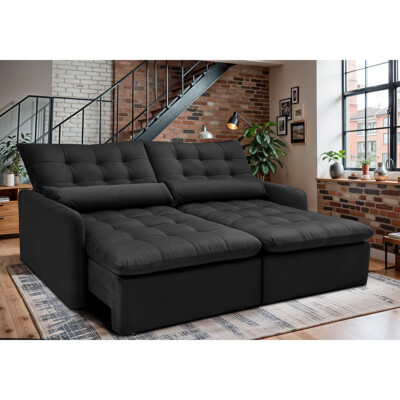 Sofá Sem Caixa Retrátil 1,60m SoftGel Celeste Velusoft Preto Cama inBox
