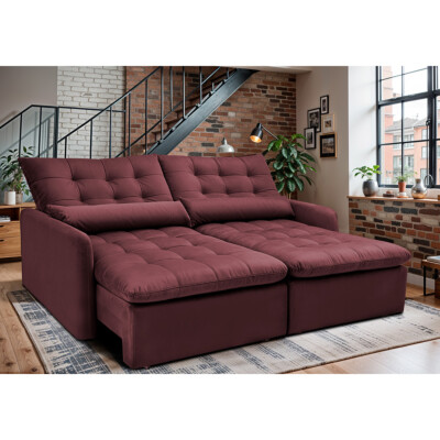 Sofá Sem Caixa Retrátil 1,80m SoftGel Celeste Velusoft Vinho Cama inBox