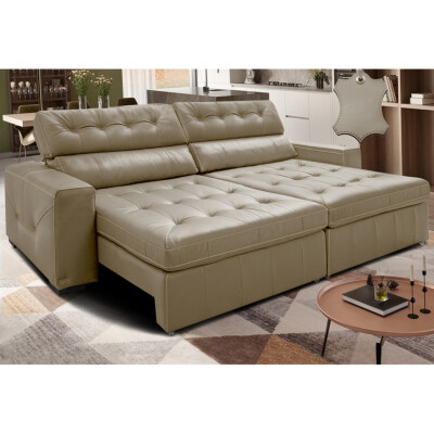 Sofá de Couro Legítimo Retrátil e Reclinável 2,15m Cama inBox Vitaly SoftGel D40 Bege