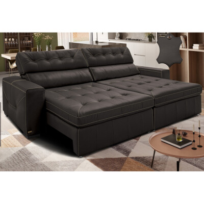 Sofá de Couro Legítimo Retrátil e Reclinável 2,75m Cama inBox Vitaly SoftGel D40 Marrom