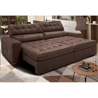 Sofá de Couro Legítimo Retrátil e Reclinável 2,95m Cama inBox Vitaly SoftGel D40 Caramelo