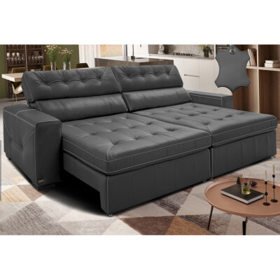 Sofá de Couro Legítimo Retrátil e Reclinável 2,15m Cama inBox Vitaly SoftGel D40 Cinza