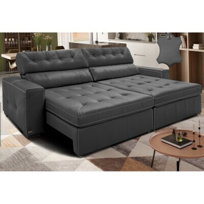 Sofá de Couro Legítimo Retrátil e Reclinável 2,95m Cama inBox Vitaly SoftGel D40 Cinza