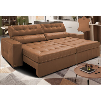 Sofá de Couro Legítimo Retrátil e Reclinável 2,75m Cama inBox Vitaly SoftGel D40 Mel