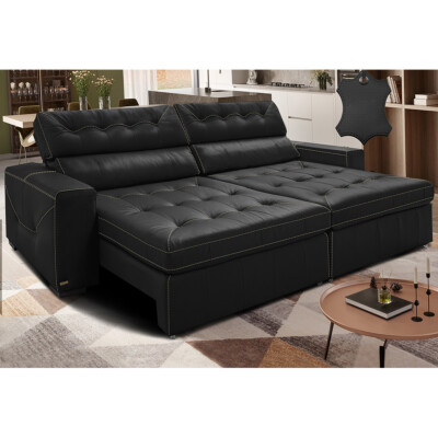 Sofá de Couro Legítimo Retrátil e Reclinável 2,35m Cama inBox Vitaly SoftGel D40 Preto