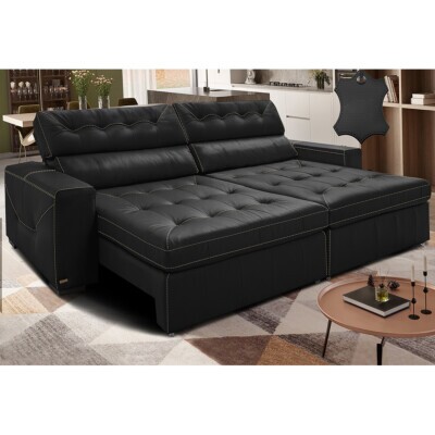 Sofá de Couro Legítimo Retrátil e Reclinável 2,95m Cama inBox Vitaly SoftGel D40 Preto