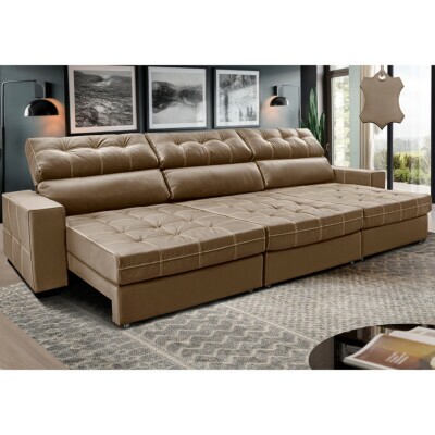 Sofá de Couro Legítimo Retrátil e Reclinável 3,85m Molas Ensacadas Cama inBox Majesty Bege