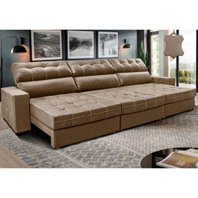 Sofá de Couro Legítimo Retrátil e Reclinável 4,15m Molas Ensacadas Cama inBox Majesty Bege