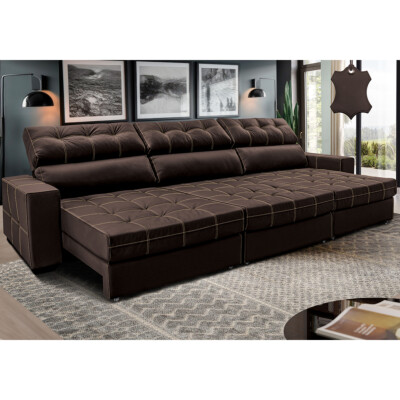 Sofá de Couro Legítimo Retrátil e Reclinável 3,85m Molas Ensacadas Cama inBox Majesty Marrom