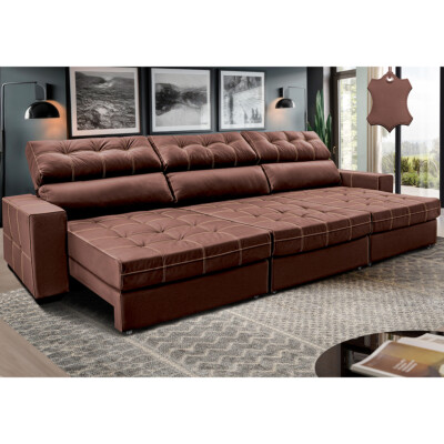 Sofá de Couro Legítimo Retrátil e Reclinável 3,55m Molas Ensacadas Cama inBox Majesty Caramelo