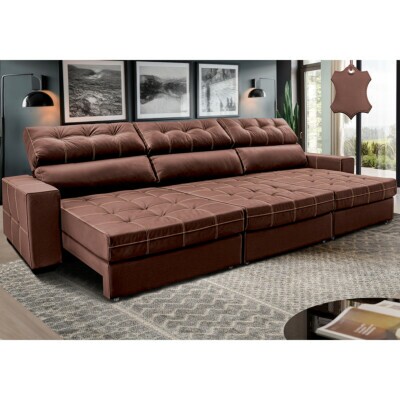 Sofá de Couro Legítimo Retrátil e Reclinável 4,15m Molas Ensacadas Cama inBox Majesty Caramelo