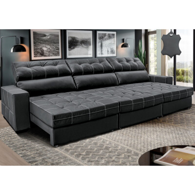 Sofá de Couro Legítimo Retrátil e Reclinável 3,85m Molas Ensacadas Cama inBox Majesty Cinza