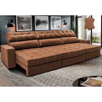 Sofá de Couro Legítimo Retrátil e Reclinável 3,55m Molas Ensacadas Cama inBox Majesty Mel