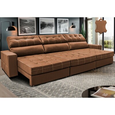 Sofá de Couro Legítimo Retrátil e Reclinável 4,15m Molas Ensacadas Cama inBox Majesty Mel