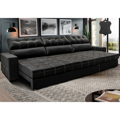 Sofá de Couro Legítimo Retrátil e Reclinável 3,85m Molas Ensacadas Cama inBox Majesty Preto
