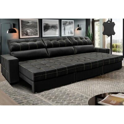 Sofá de Couro Legítimo Retrátil e Reclinável 4,15m Molas Ensacadas Cama inBox Majesty Preto