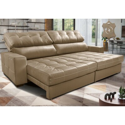 Sofá de Couro Elétrico Retrátil 2,15m Molas Ensacadas Cama inBox Gran Majesty Bege