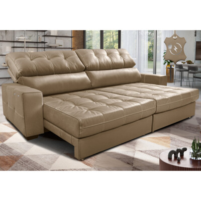 Sofá de Couro Elétrico Retrátil 2,95m Molas Ensacadas Cama inBox Gran Majesty Bege