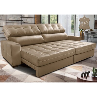 Sofá de Couro Elétrico Retrátil 2,75m Molas Ensacadas Cama inBox Gran Majesty Bege