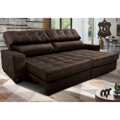 Sofá de Couro Elétrico Retrátil 3,15m Molas Ensacadas Cama inBox Gran Majesty Marrom