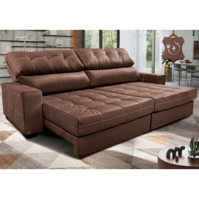 Sofá de Couro Elétrico Retrátil 2,95m Molas Ensacadas Cama inBox Gran Majesty Caramelo