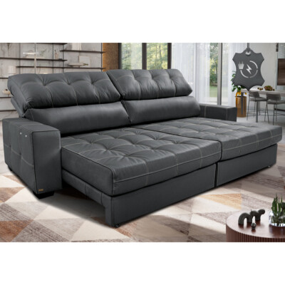 Sofá de Couro Elétrico Retrátil 2,15m Molas Ensacadas Cama inBox Gran Majesty Cinza