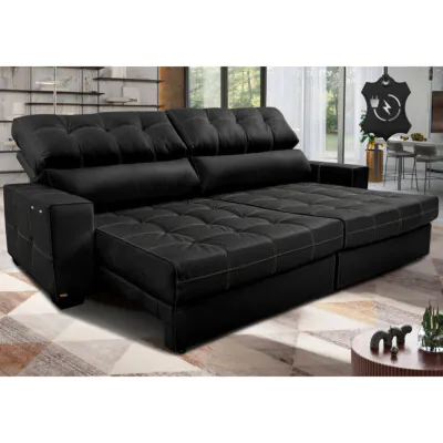 Sofá de Couro Elétrico Retrátil 2,35m Molas Ensacadas Cama inBox Gran Majesty Preto