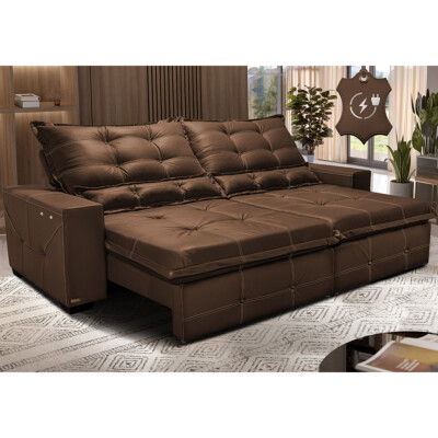 Sofá de Couro Elétrico Retrátil 2,75m Cama inBox Gran Toro SoftGel D40 Caramelo