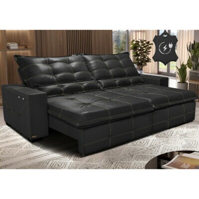 Sofá de Couro Elétrico Retrátil 2,75m Cama inBox Gran Toro SoftGel D40 Preto