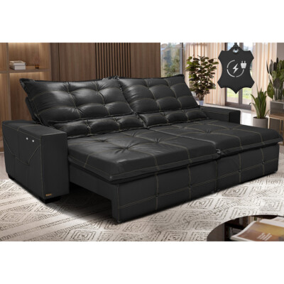 Sofá de Couro Elétrico Retrátil 2,55m Cama inBox Gran Toro SoftGel D40 Preto