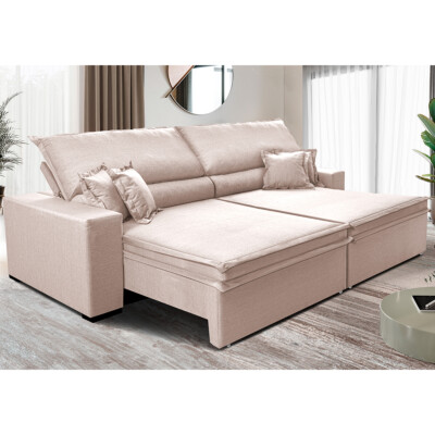Sofá Retrátil e Reclinável 2,75m Império com Molas Cama inBox Linho Bege Claro