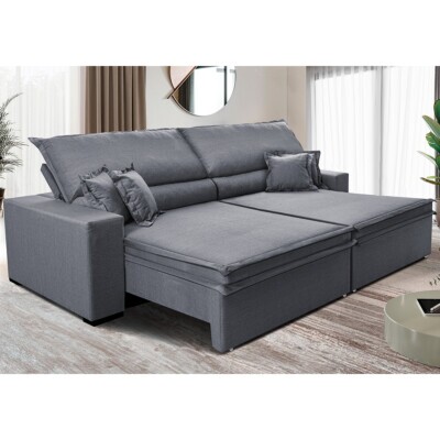Sofá Retrátil e Reclinável 2,35m Império com Molas Cama inBox Linho Cinza Escuro