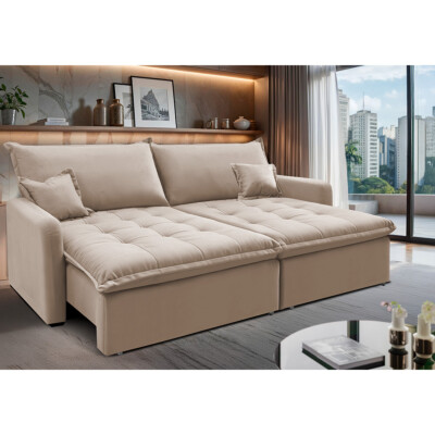 Sofá Sem Caixa Retrátil 1,60m SoftGel Luna Velusoft Bege Cama inBox