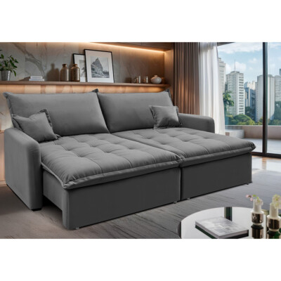 Sofá Sem Caixa Retrátil 2,00m SoftGel Luna Velusoft Cinza Cama inBox