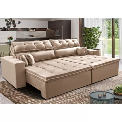 Sofá Retrátil e Reclinável 2,32m Luxos Cama inBox Velusoft Bege